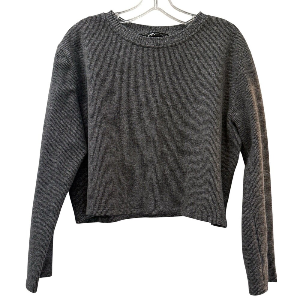 Zara Crop Top Size Large Gray Long Sleeve Ribbed Stretch Pullover Soft Comfy